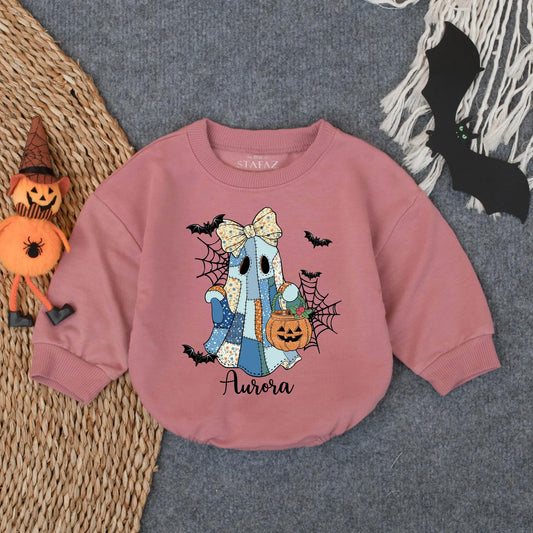 Customized Spooky Ghost Girl Romper Baby Girl First Halloween Outfit Aurora Pumpkin Floral Bow Baby Girl Clothes Infant Fall