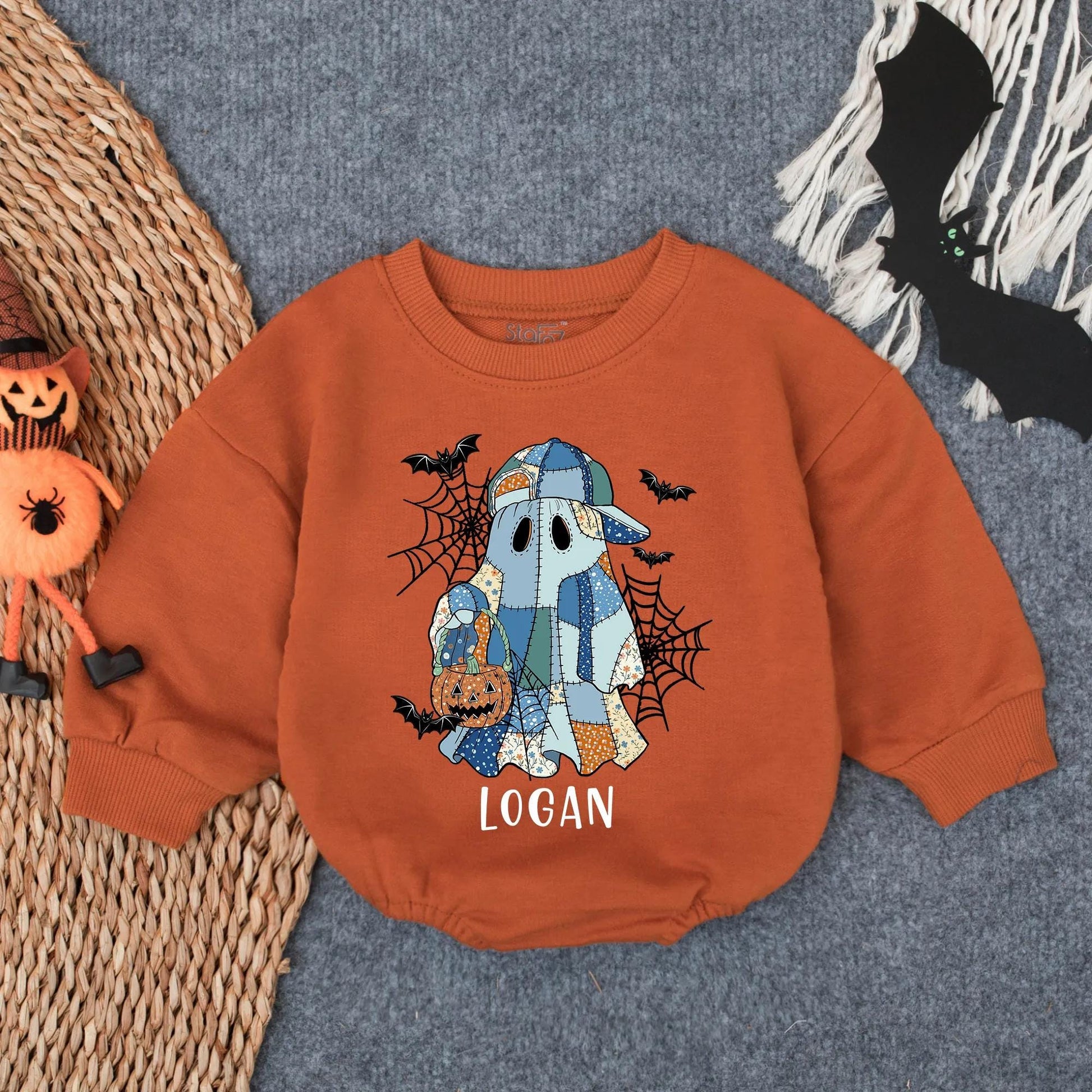 Custom Logan's Spooky Ghost Patchwork Romper, Baby Girl Halloween Outfit, Cute Boo Pumpkin Outfit, Infant Fall Clothes, Handmade Vibe, Spiderwebs & Bats (139)