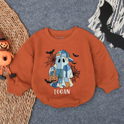 Custom Logan's Spooky Ghost Patchwork Romper, Baby Girl Halloween Outfit, Cute Boo Pumpkin Outfit, Infant Fall Clothes, Handmade Vibe, Spiderwebs & Bats (139)