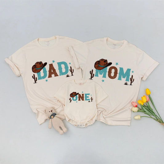 First Rodeo Cowboy Birthday Matching Family Shirts for Mom Dad One Year Old Boy Western Bday Outfit with Cactus & Star Accents