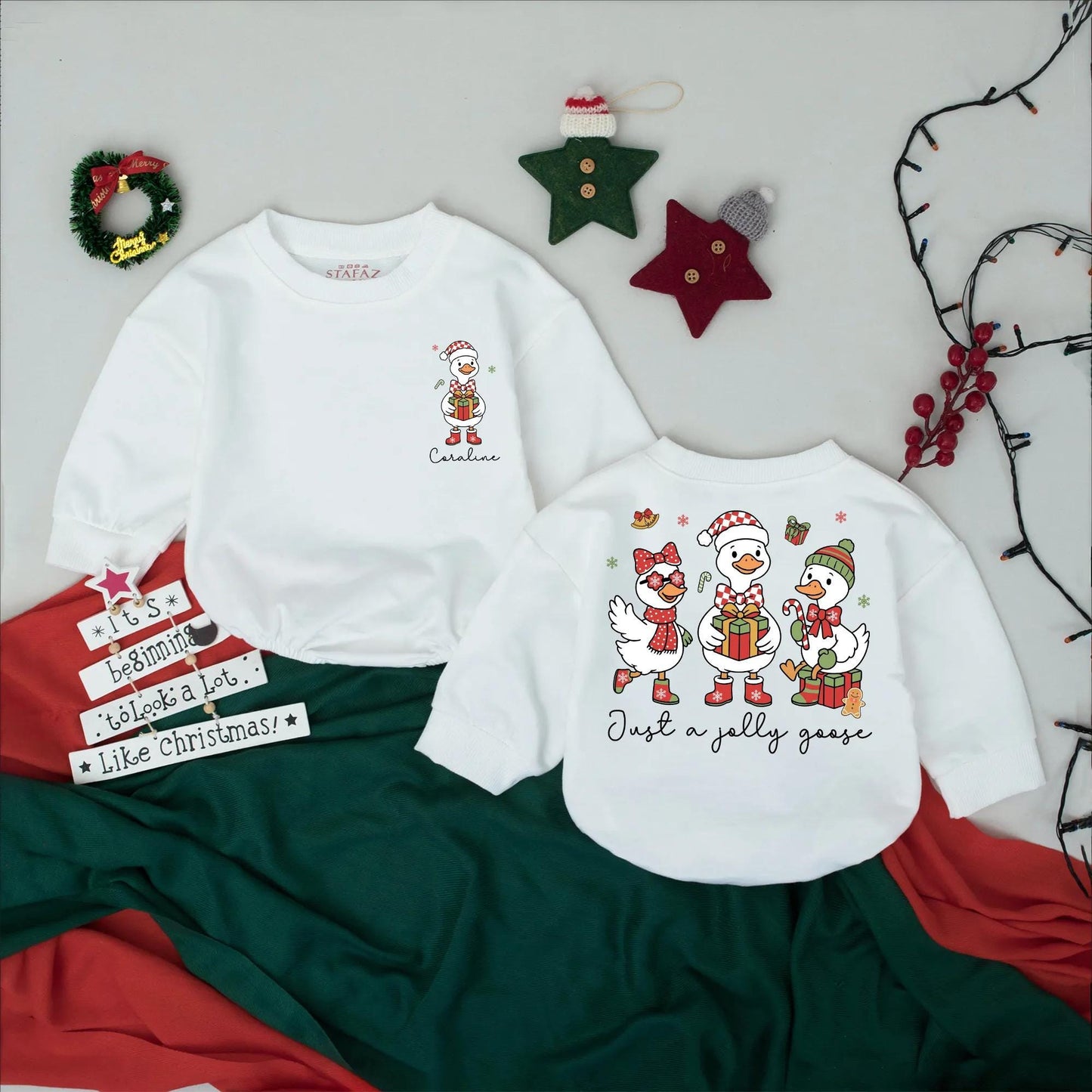 My 1st Christmas Personalized Romper: Jolly Goose Outfit, Custom Name Holiday Bodysuit, Funny Festive Infant Clothes, Baby Shower Gift, Red & Green 139