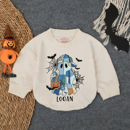 Custom Logan's Spooky Ghost Patchwork Romper, Baby Girl Halloween Outfit, Cute Boo Pumpkin Outfit, Infant Fall Clothes, Handmade Vibe, Spiderwebs & Bats (139)