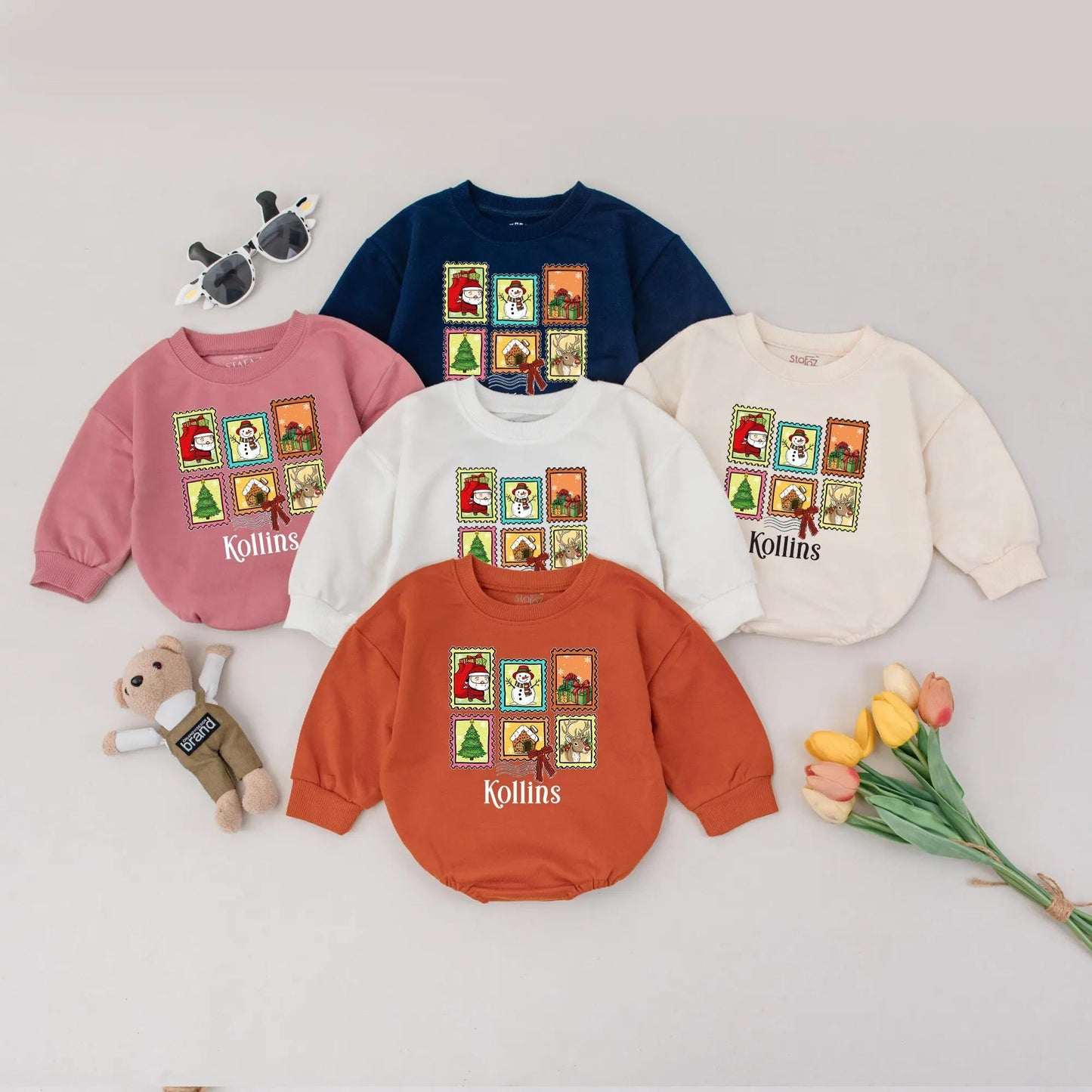 Kollins Personalized Christmas Stamps Baby Romper, Custom First Christmas Outfit with Santa, Snowman & Reindeer, Xmas Baby Gift, Winter Holiday Bodysuit
