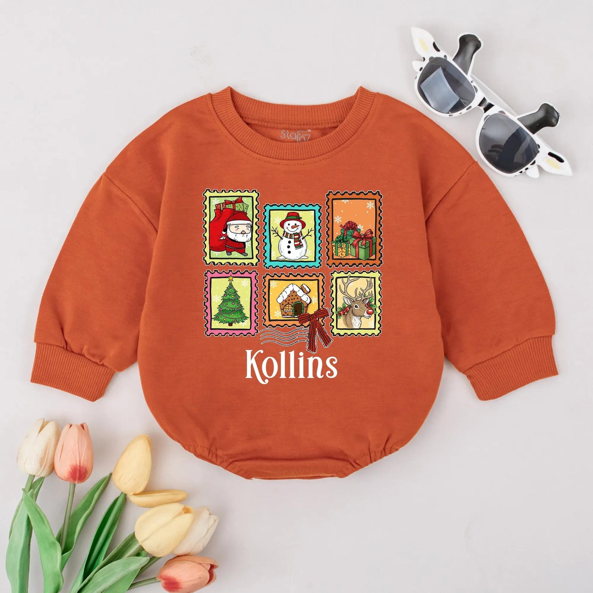 Kollins Personalized Christmas Stamps Baby Romper, Custom First Christmas Outfit with Santa, Snowman & Reindeer, Xmas Baby Gift, Winter Holiday Bodysuit