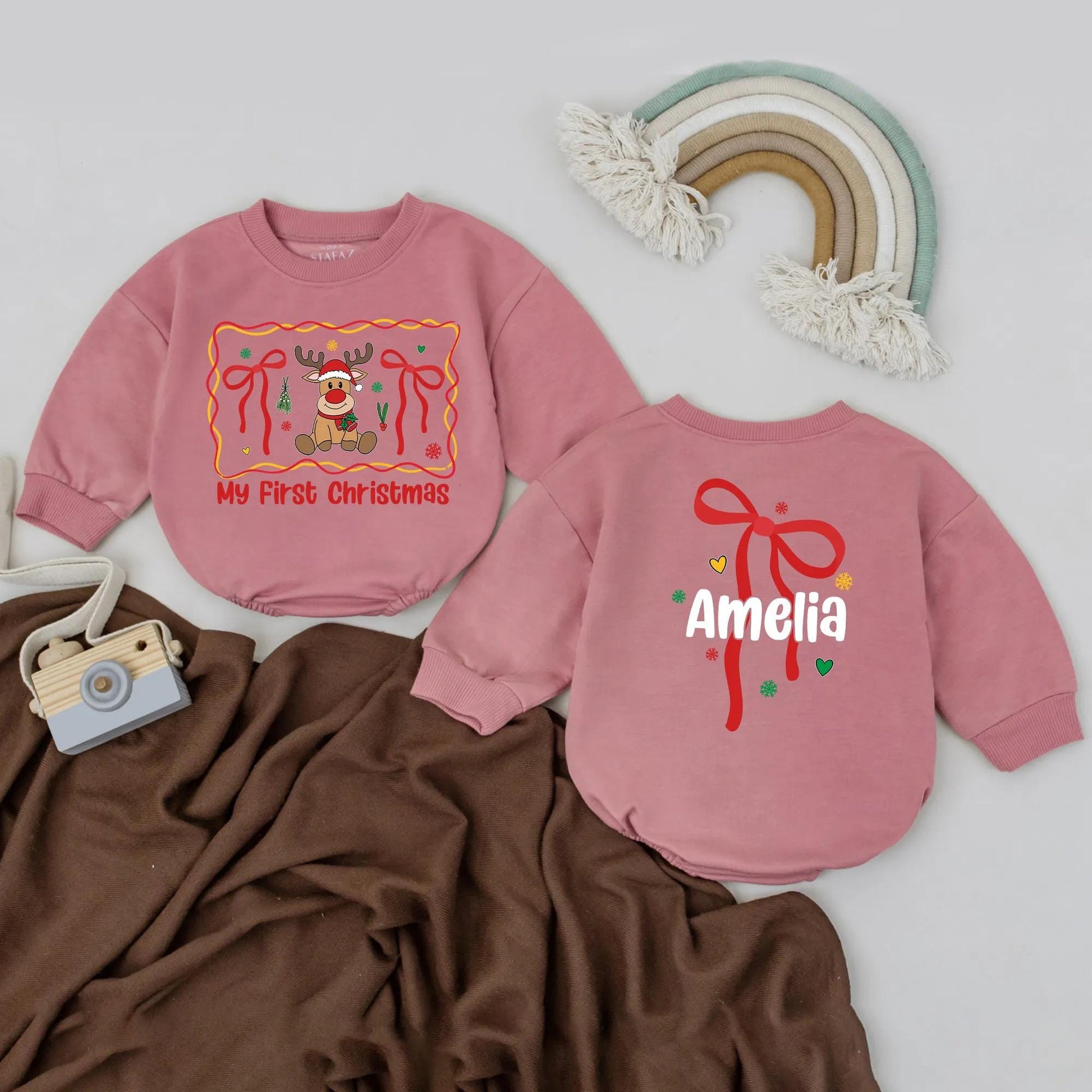 Amelia's 1st Christmas Romper, Custom Bow Bodysuit, Personalized Reindeer Outfit, Baby Announcement, Holiday Gift, Festive Newborn Clothes (138 chars)