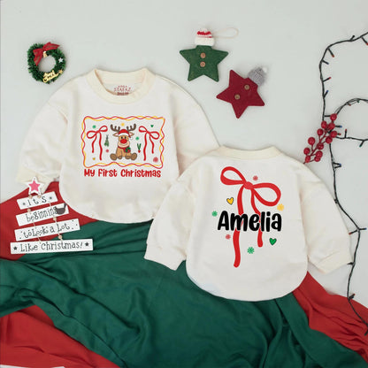 Amelia's 1st Christmas Romper, Custom Bow Bodysuit, Personalized Reindeer Outfit, Baby Announcement, Holiday Gift, Festive Newborn Clothes (138 chars)