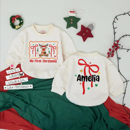 Amelia's 1st Christmas Romper, Custom Bow Bodysuit, Personalized Reindeer Outfit, Baby Announcement, Holiday Gift, Festive Newborn Clothes (138 chars)