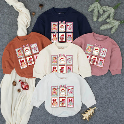Baby Christmas Bubble Romper with Santa Gingerbread Festive Stamp Art Design Pastel Scalloped Patterns Newborn Holiday Infant Gift Outfit