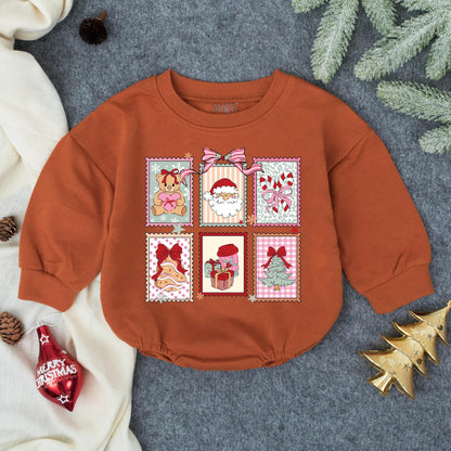 Baby Christmas Bubble Romper with Santa Gingerbread Festive Stamp Art Design Pastel Scalloped Patterns Newborn Holiday Infant Gift Outfit