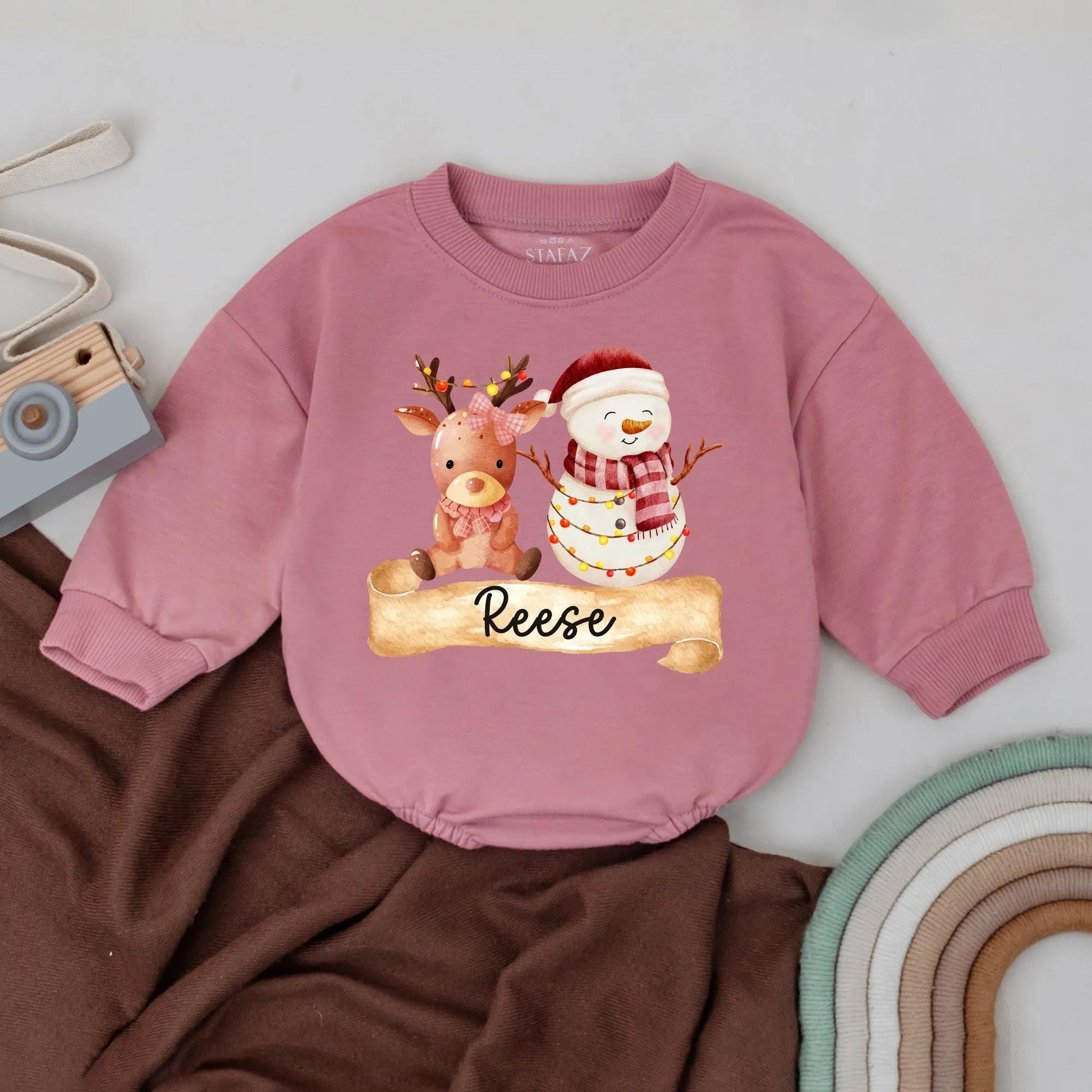Reese Christmas Bubble Romper Baby Girl or Boy First Holiday Outfit with Watercolor Reindeer & Snowman Custom Name Newborn Gift