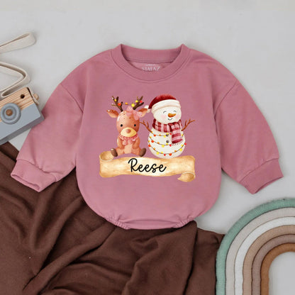 Reese Christmas Bubble Romper Baby Girl or Boy First Holiday Outfit with Watercolor Reindeer & Snowman Custom Name Newborn Gift