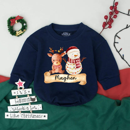 Reese Christmas Bubble Romper Baby Girl or Boy First Holiday Outfit with Watercolor Reindeer & Snowman Custom Name Newborn Gift