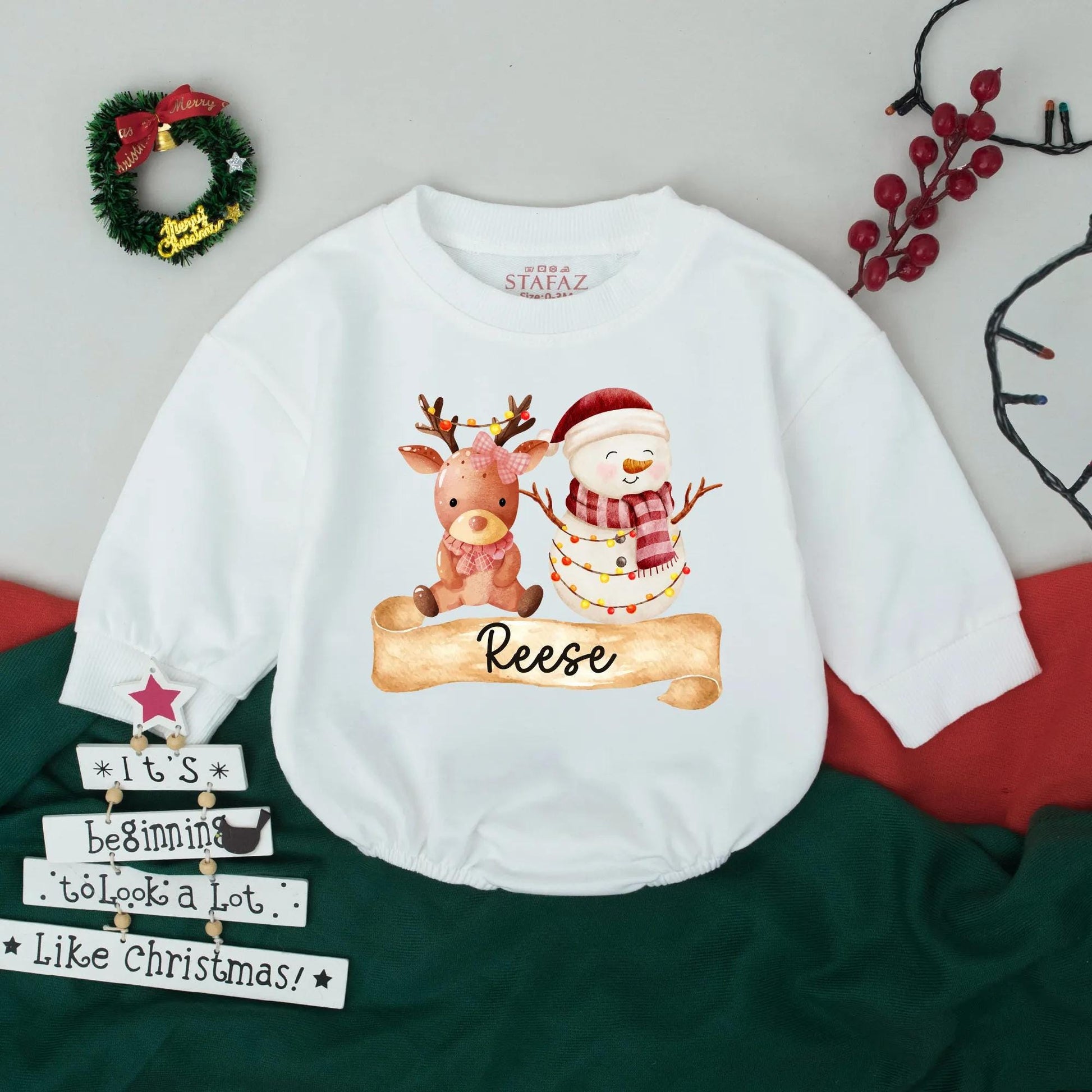 Reese Christmas Bubble Romper Baby Girl or Boy First Holiday Outfit with Watercolor Reindeer & Snowman Custom Name Newborn Gift