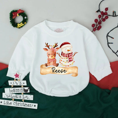 Reese Christmas Bubble Romper Baby Girl or Boy First Holiday Outfit with Watercolor Reindeer & Snowman Custom Name Newborn Gift