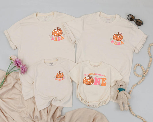 Matching Family Pumpkin First Birthday Shirts Retro Fall Outfit, Baby Girl Boy One, Peach Orange Floral Design