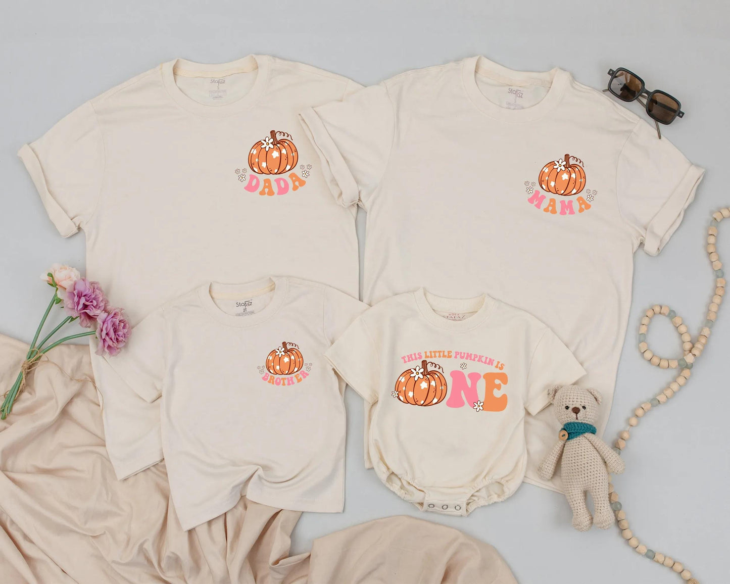 Matching Family Pumpkin First Birthday Shirts Retro Fall Outfit, Baby Girl Boy One, Peach Orange Floral Design
