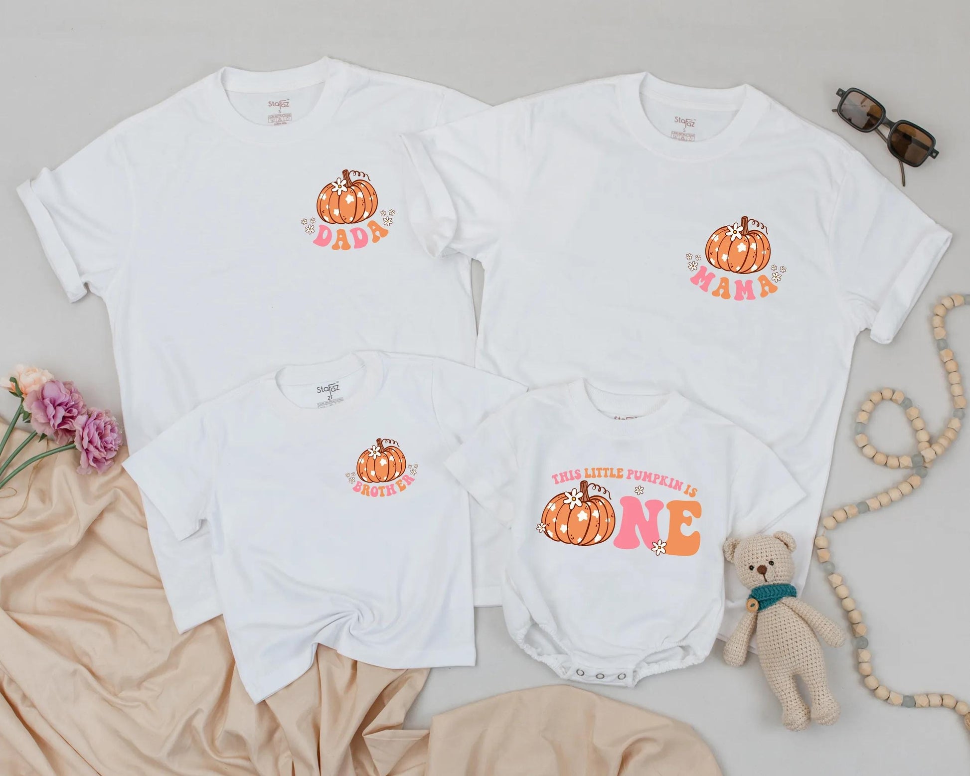 Matching Family Pumpkin First Birthday Shirts Retro Fall Outfit, Baby Girl Boy One, Peach Orange Floral Design