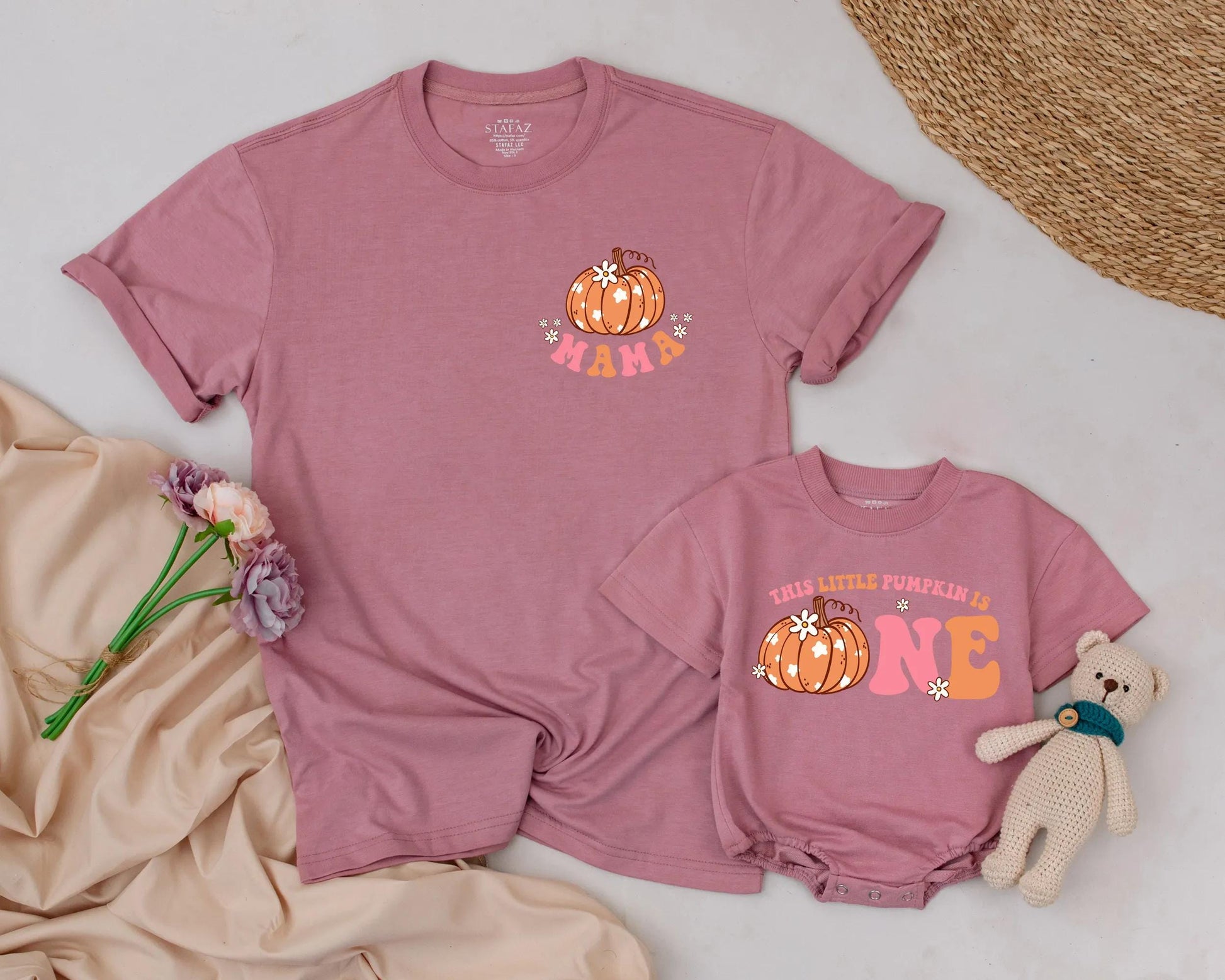 Matching Family Pumpkin First Birthday Shirts Retro Fall Outfit, Baby Girl Boy One, Peach Orange Floral Design