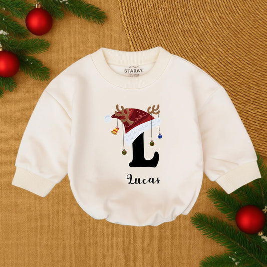Lucas's First Christmas Baby Romper Santa Hat Reindeer Antlers Ornaments Gold Bell Personalized Baby Boy Outfit Festive Joyful