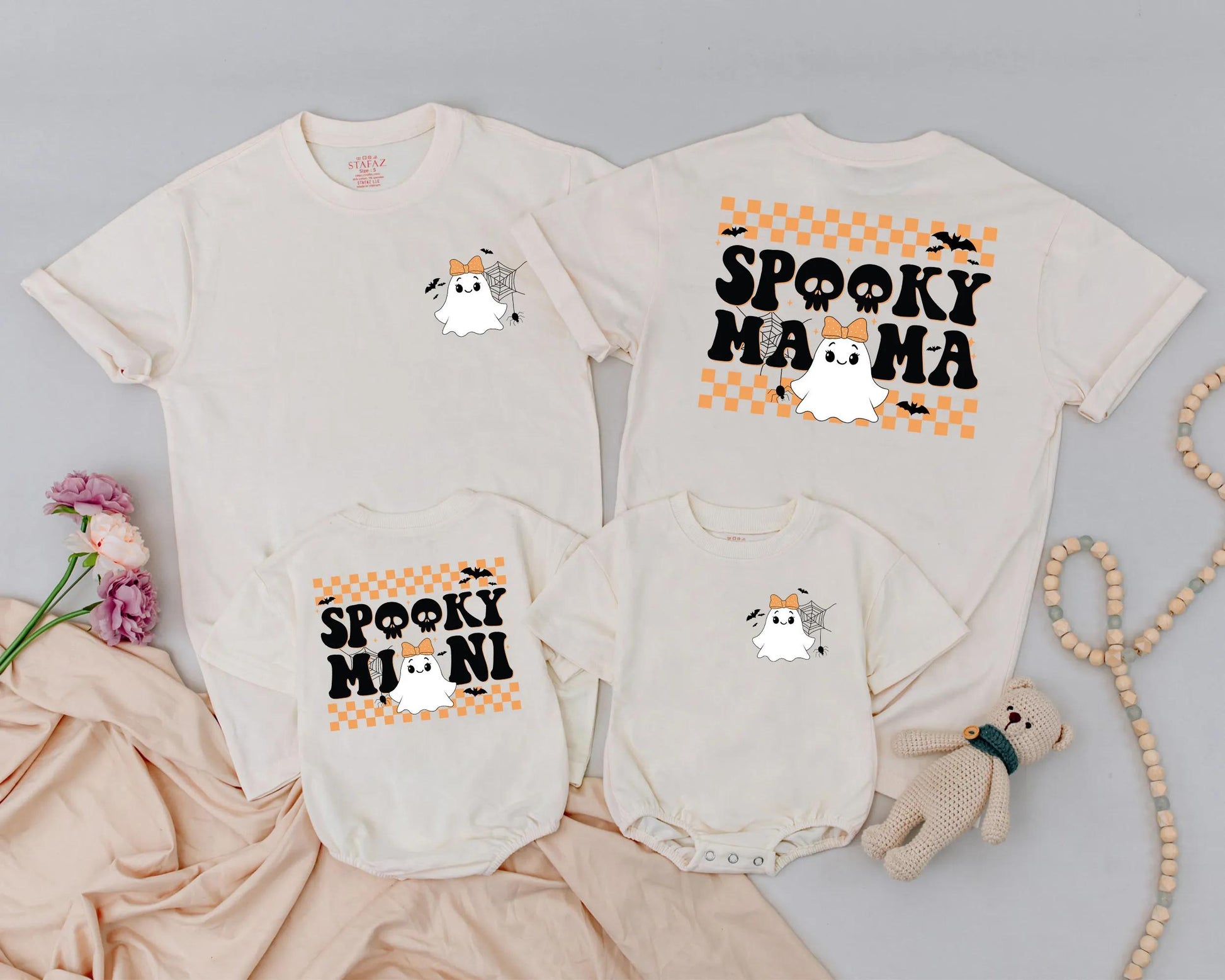 Spooky Mama & Mini Matching Halloween Shirts Cute Ghost Outfit Personalized Family Tees Orange Checkered Retro Style Mommy and Me Costume Party Shirt