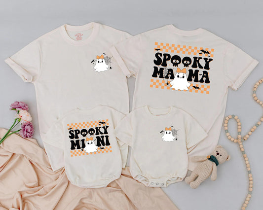 Spooky Mama & Mini Matching Halloween Shirts Cute Ghost Outfit Personalized Family Tees Orange Checkered Retro Style Mommy and Me Costume Party Shirt