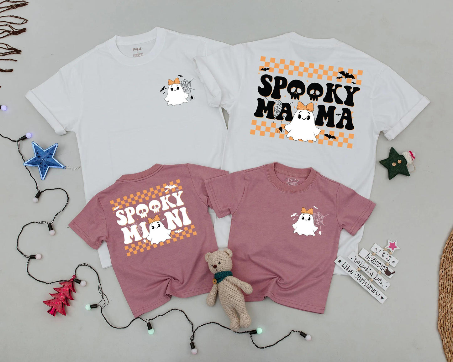 Spooky Mama & Mini Matching Halloween Shirts Cute Ghost Outfit Personalized Family Tees Orange Checkered Retro Style Mommy and Me Costume Party Shirt