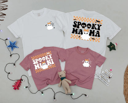 Spooky Mama & Mini Matching Halloween Shirts Cute Ghost Outfit Personalized Family Tees Orange Checkered Retro Style Mommy and Me Costume Party Shirt