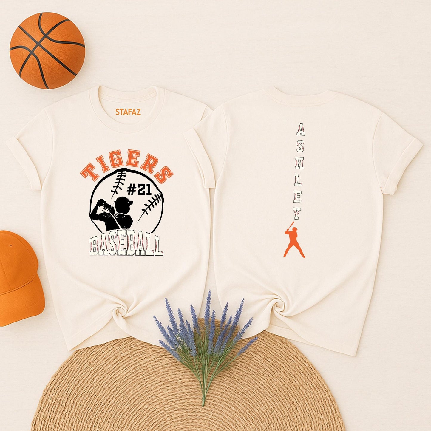 Custom Tigers Baseball Jersey Tee with Ashley Name & #21 Baseball Graphic, Game Day Fan Shirt, Team Spirit Wear Gift