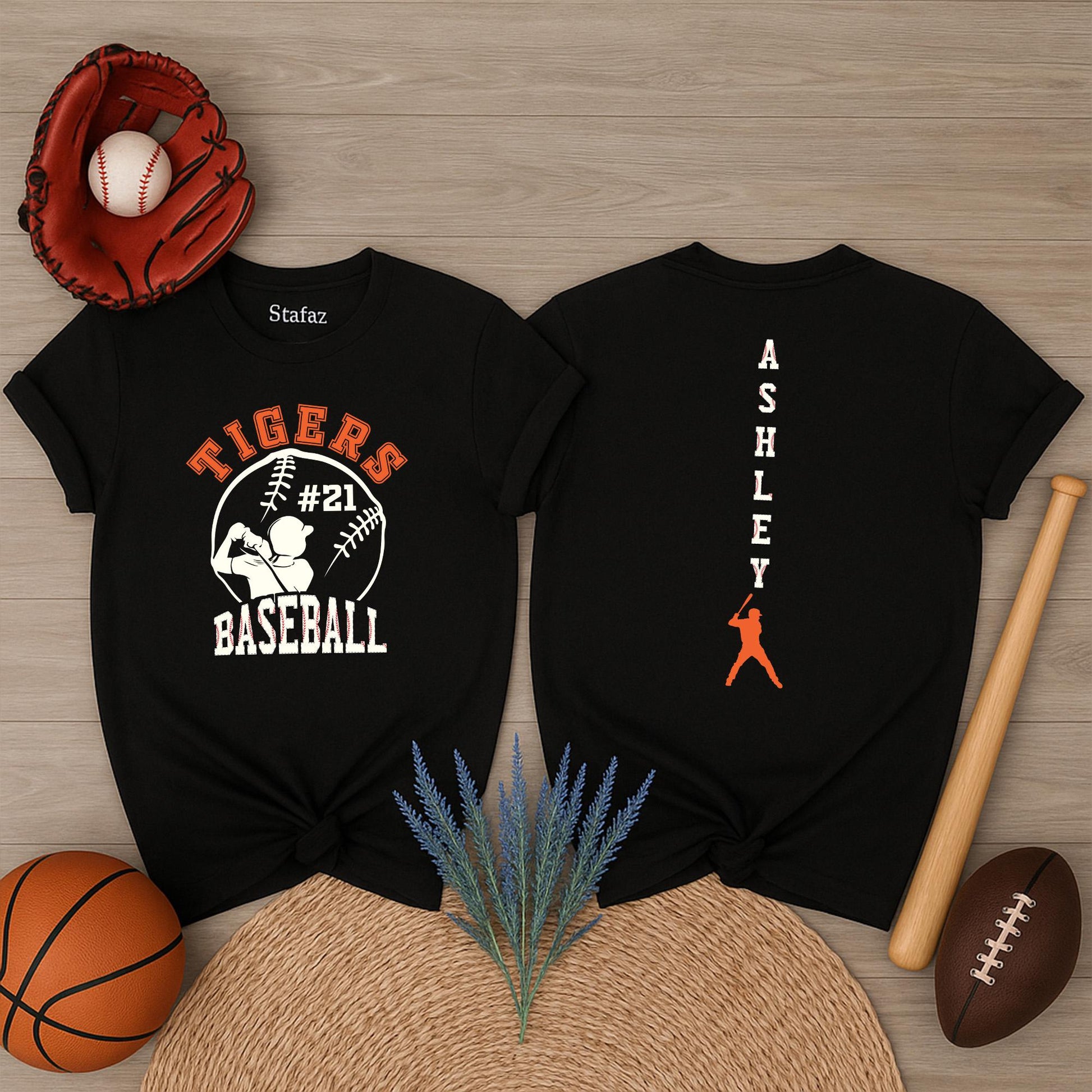 Custom Tigers Baseball Jersey Tee with Ashley Name & #21 Baseball Graphic, Game Day Fan Shirt, Team Spirit Wear Gift