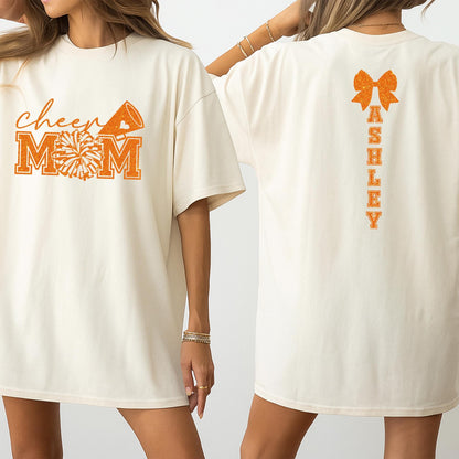 Cheer Mom Personalized Shirt: Sparkly Megaphone & Firework Design for Game Day! Custom Ashley Name Glitter Cheer Bow Team Spirit Outfit (138 chars)