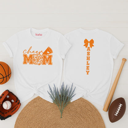Cheer Mom Personalized Shirt: Sparkly Megaphone & Firework Design for Game Day! Custom Ashley Name Glitter Cheer Bow Team Spirit Outfit (138 chars)