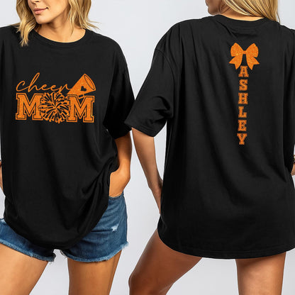 Cheer Mom Personalized Shirt: Sparkly Megaphone & Firework Design for Game Day! Custom Ashley Name Glitter Cheer Bow Team Spirit Outfit (138 chars)