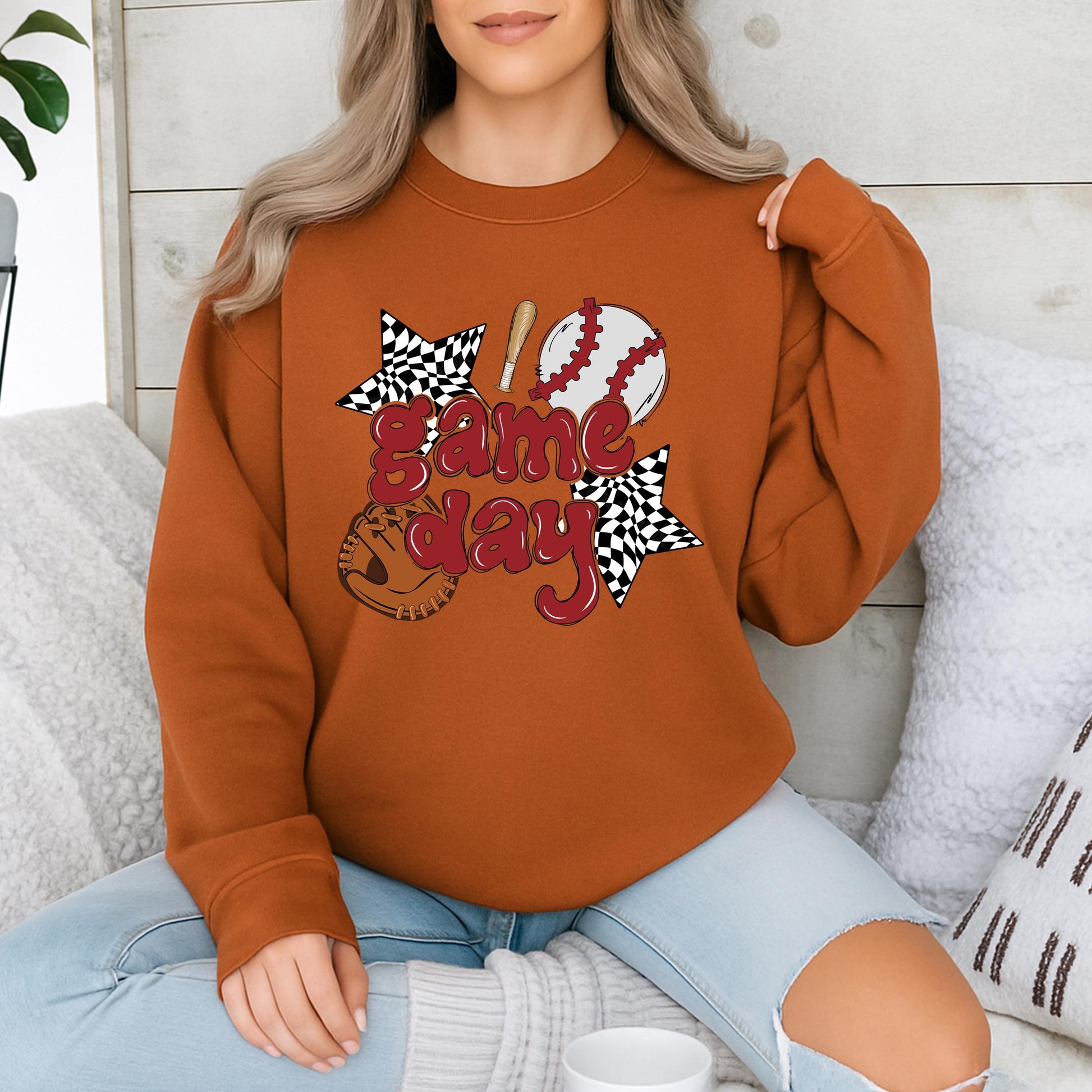 Retro Game Day Baseball Mama Sweatshirt, Vintage Maroon Checkered Star Design, Custom Baseball Mom Sweater, Sports Team Outfit Gift for Her (139 chars)