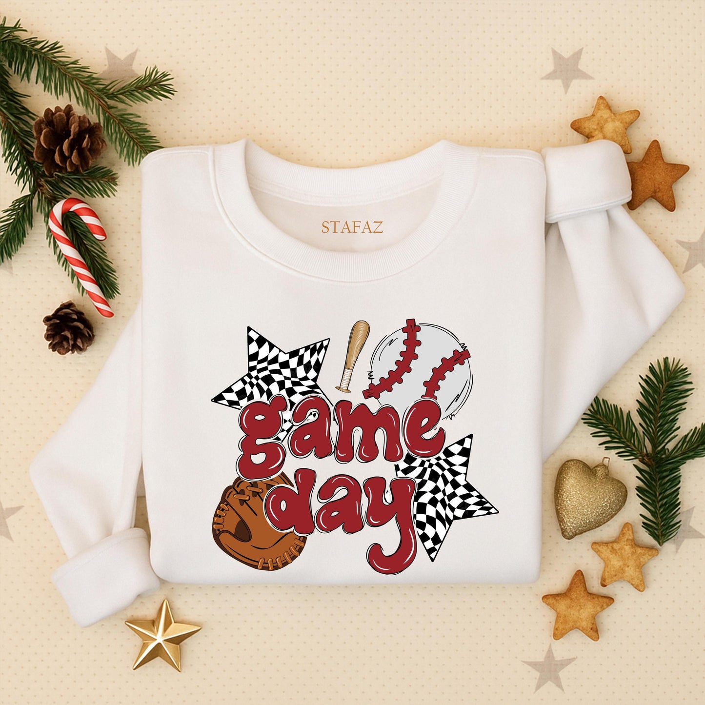 Retro Game Day Baseball Mama Sweatshirt, Vintage Maroon Checkered Star Design, Custom Baseball Mom Sweater, Sports Team Outfit Gift for Her (139 chars)