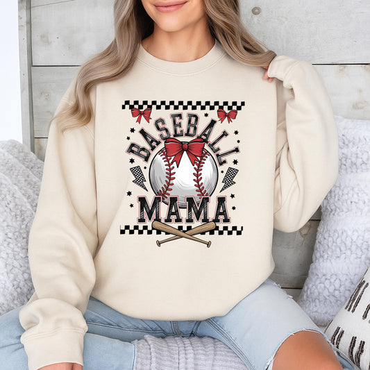 Baseball Mama Retro Sweatshirt Checkered Varsity Tee, Game Day Outfit for Sports Mom, Cute Baseball Bow Design Vintage Pullover, Gift for Team Mom