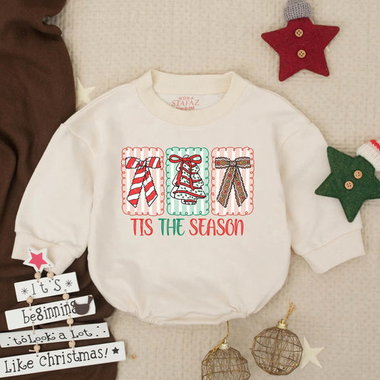 Tis The Season Baby Romper: Christmas Bows Design, First Xmas Outfit for Infants & Toddlers, Cute Holiday Clothes Gift