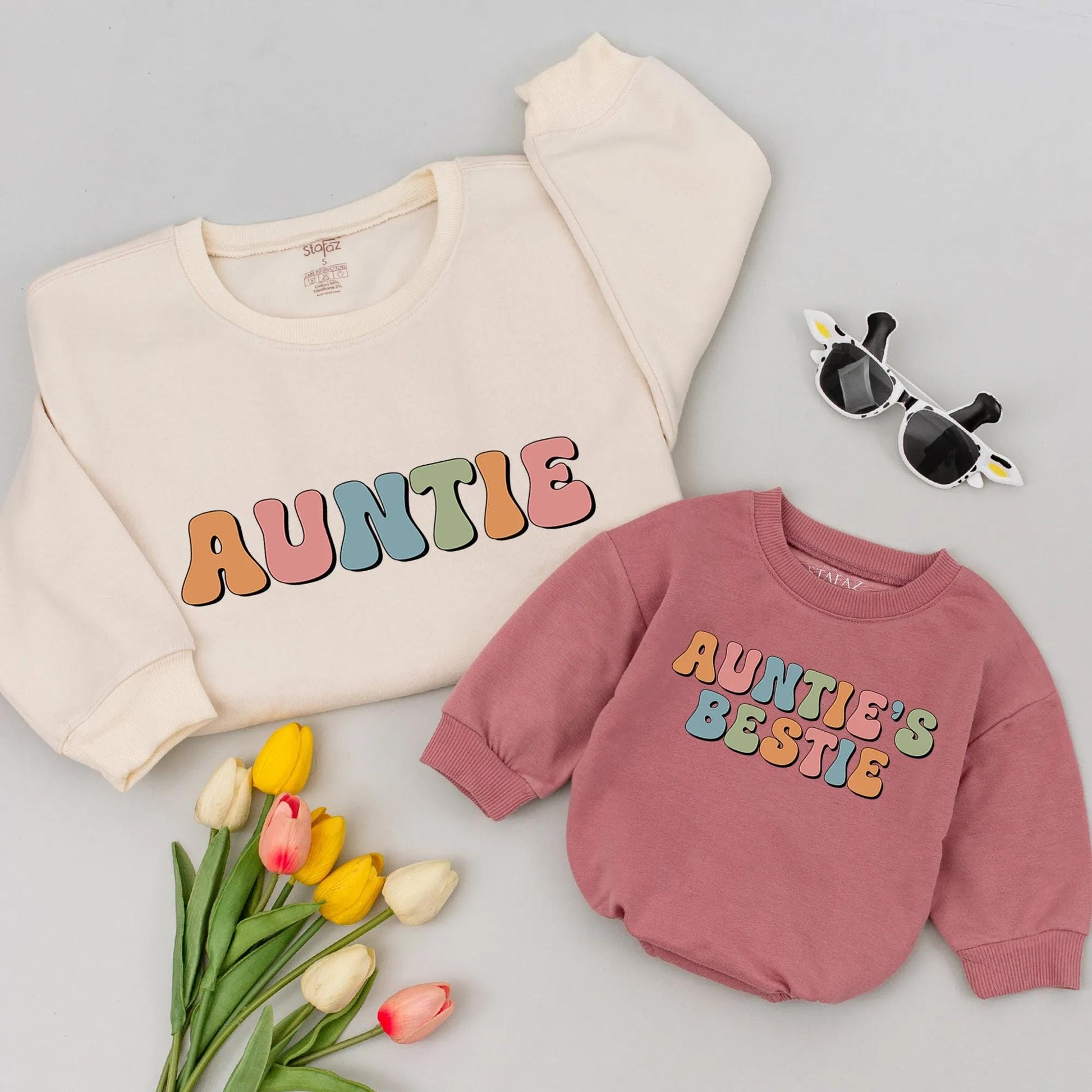 Retro Auntie & Bestie Matching Set - 70s Style Baby Outfit, Personalized Aunt Gift, Fun Bubble Font, Niece Nephew Toddler Shirt, Orange Pink Blue 138