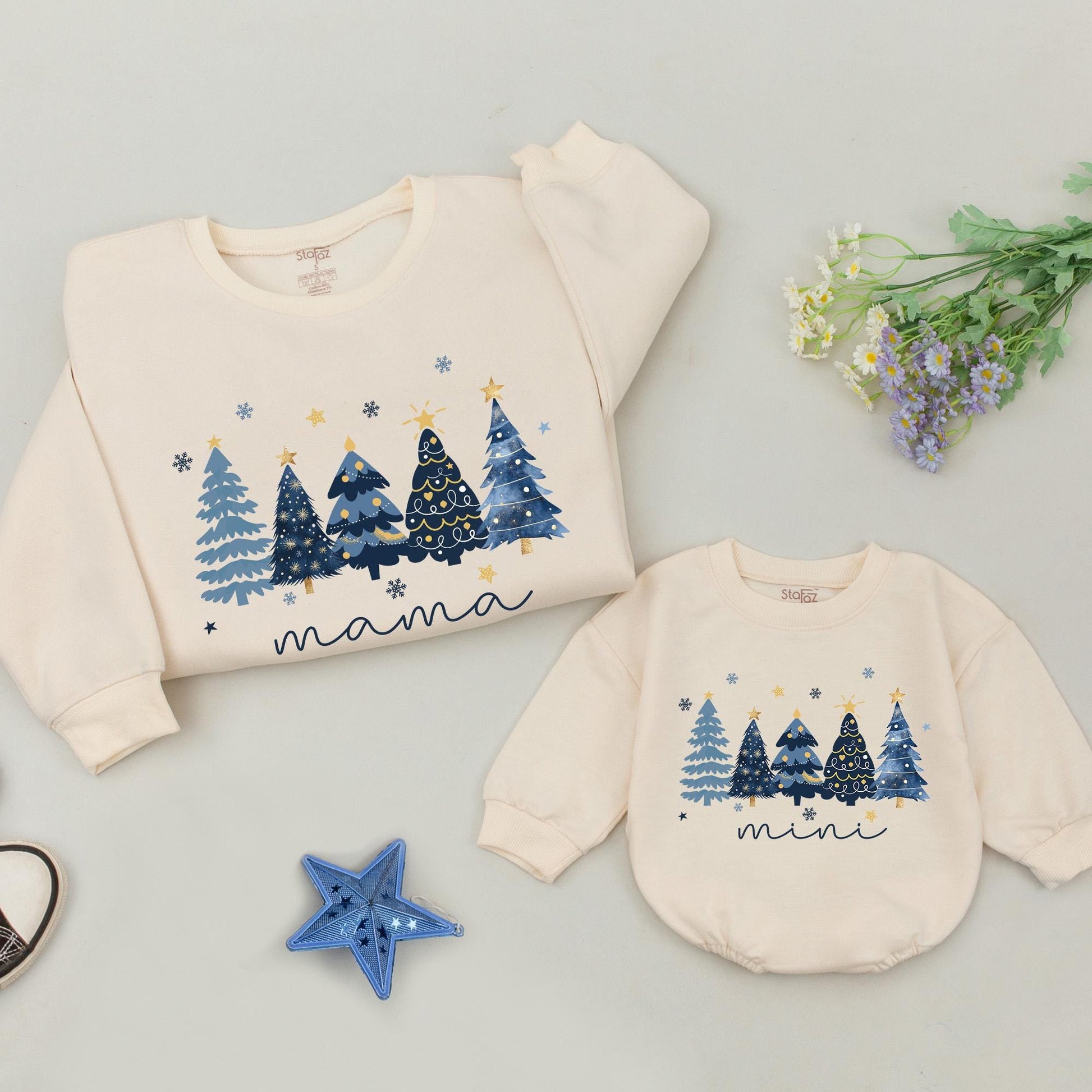 Matching Family Christmas Tree Sweatshirts | Retro Holiday Sweaters for Mama, Dada, Mini, and Baby | Blue & Gold Festive Apparel