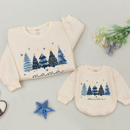 Matching Family Christmas Tree Sweatshirts | Retro Holiday Sweaters for Mama, Dada, Mini, and Baby | Blue & Gold Festive Apparel