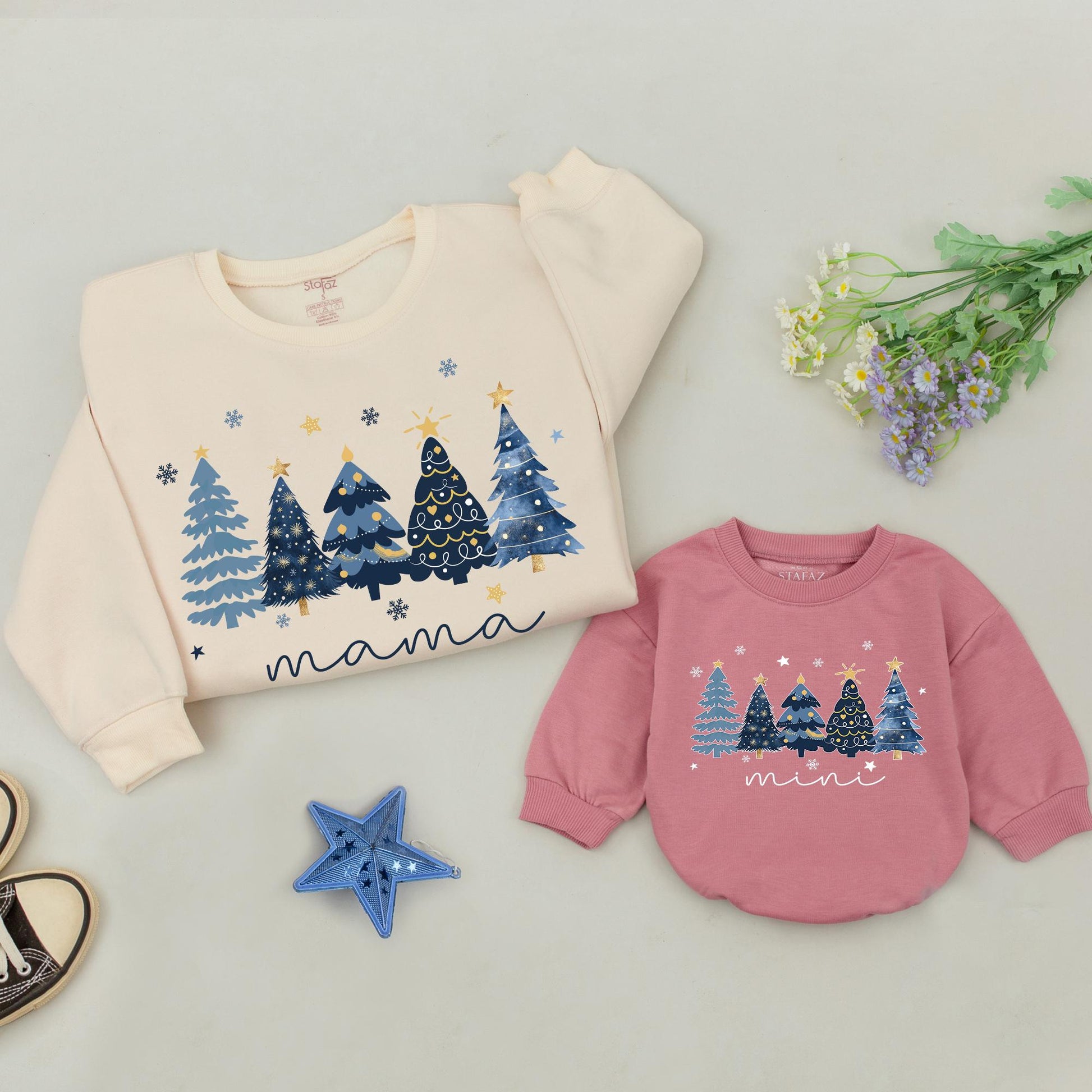Matching Family Christmas Tree Sweatshirts | Retro Holiday Sweaters for Mama, Dada, Mini, and Baby | Blue & Gold Festive Apparel