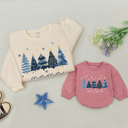Matching Family Christmas Tree Sweatshirts | Retro Holiday Sweaters for Mama, Dada, Mini, and Baby | Blue & Gold Festive Apparel