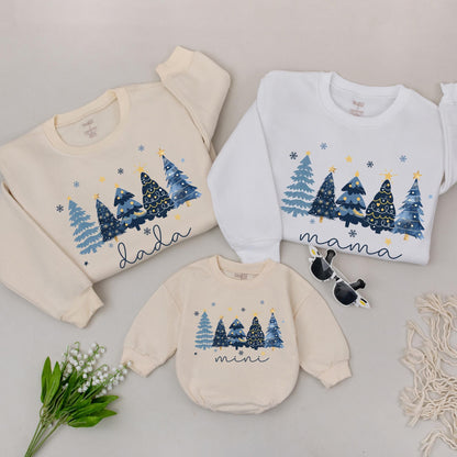 Matching Family Christmas Tree Sweatshirts | Retro Holiday Sweaters for Mama, Dada, Mini, and Baby | Blue & Gold Festive Apparel