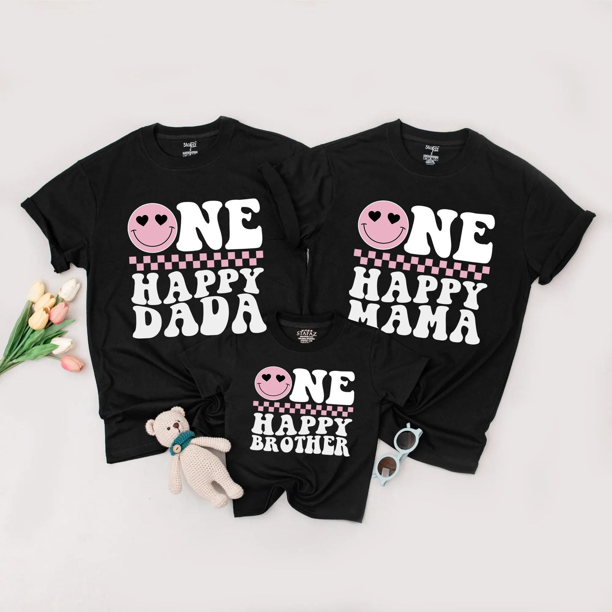 One Happy Dude 1st Birthday Matching Family Shirts: Retro Smiley Face Tees for Mom, Dad & Baby Boy's Pink First Birthday Outfit - Fun, Groovy & Cool!