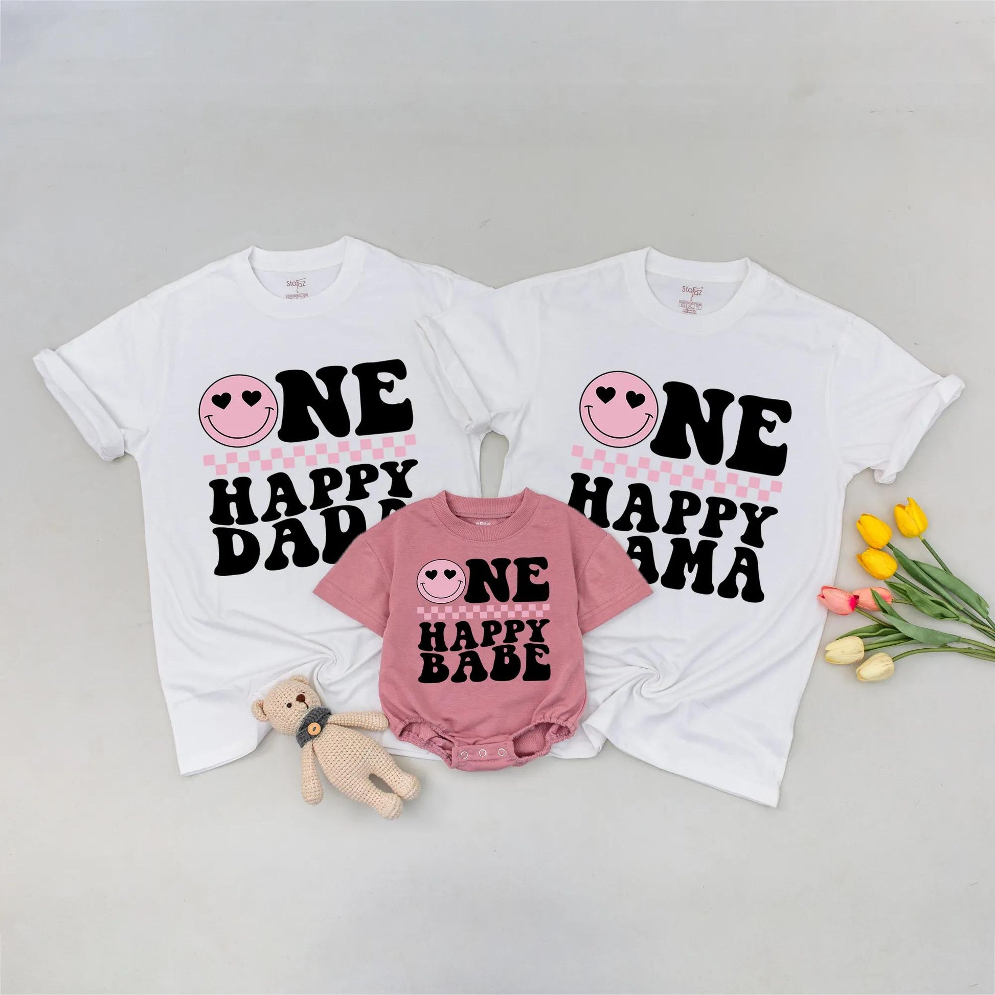 One Happy Dude 1st Birthday Matching Family Shirts: Retro Smiley Face Tees for Mom, Dad & Baby Boy's Pink First Birthday Outfit - Fun, Groovy & Cool!
