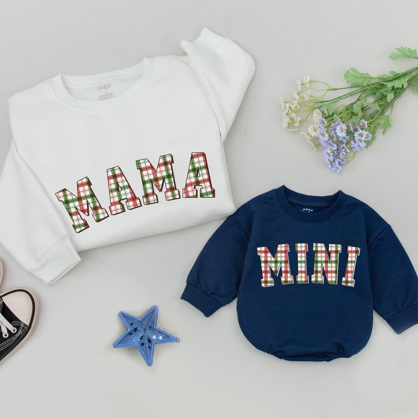 Matching Family Christmas Sweatshirts Plaid DADA MAMA MINI Holiday Sweaters Retro Vintage Style Outfit Green Red White Festive Mommy and Me Gift 137