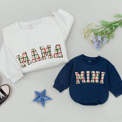 Matching Family Christmas Sweatshirts Plaid DADA MAMA MINI Holiday Sweaters Retro Vintage Style Outfit Green Red White Festive Mommy and Me Gift 137
