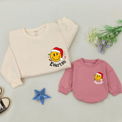 One Jolly Mama Christmas Sweatshirt with Smiley Santa! Matching Family Holiday Sweaters, Custom Name Gift for New Mom, Retro Checkered Xmas Outfit
