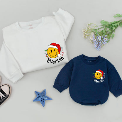 One Jolly Mama Christmas Sweatshirt with Smiley Santa! Matching Family Holiday Sweaters, Custom Name Gift for New Mom, Retro Checkered Xmas Outfit