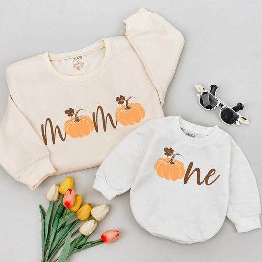 Mommy and Me Pumpkin Matching Outfit Cute Mom Pumpkin and Baby One Pumpkin Sweater Romper Fall Family Matching First Thanksgiving Shirt