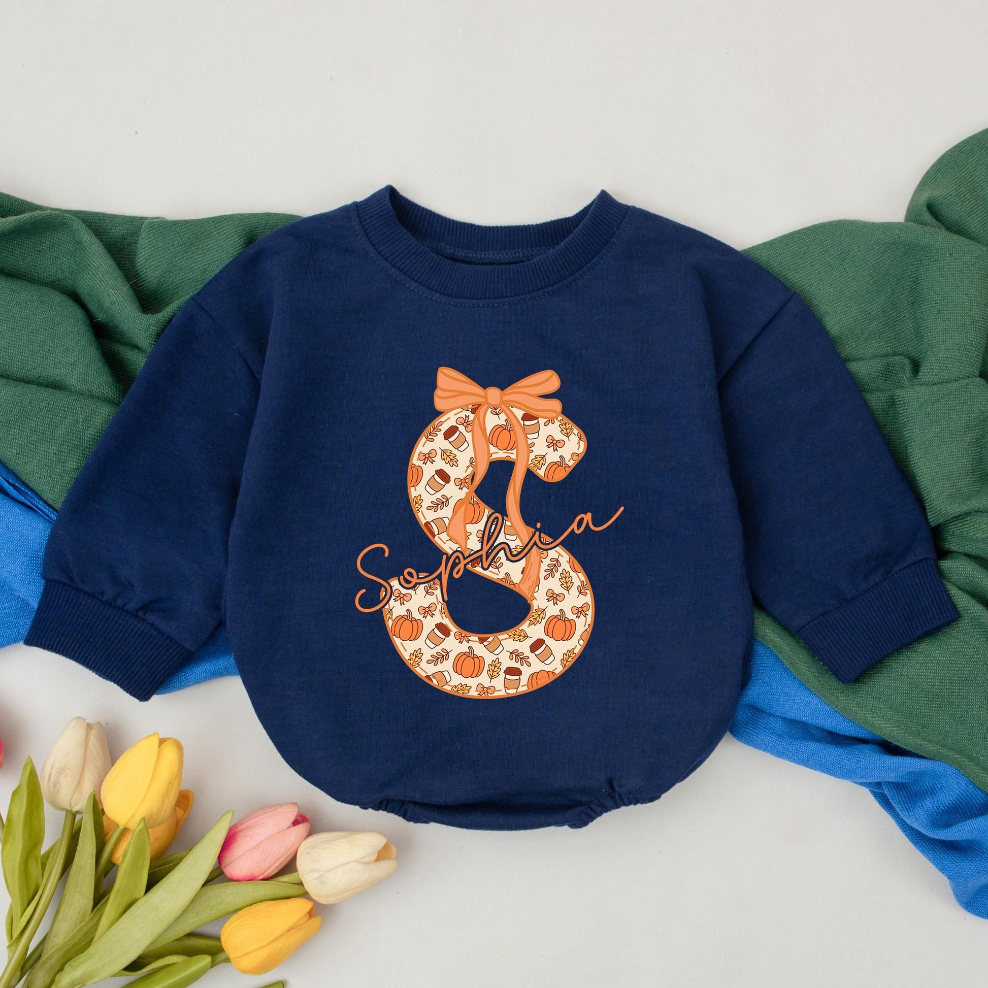Personalized Fall Initial S Baby Girl Romper Sophia Name Thanksgiving Outfit adorned with Bow Pumpkins Leaves Coffee Cups Toddler Birthday Bodysuit